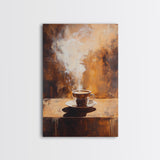 Rustic Steaming Coffee Framed Canvas Print | Warm Coffee Wall Art | Cozy Kitchen Art | Espresso Painting | Coffee Lover Gift Idea