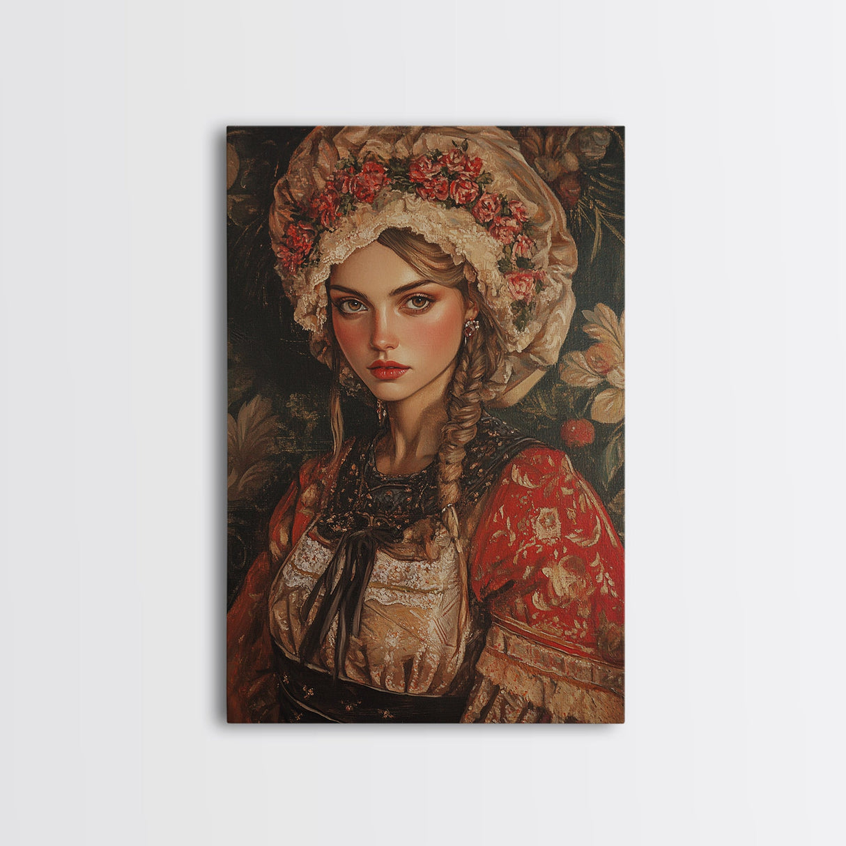 Vintage Folk Art Framed Canvas Print Featuring European Woman in Garden with Rustic Boho Aesthetic, Perfect Gift Idea for Her