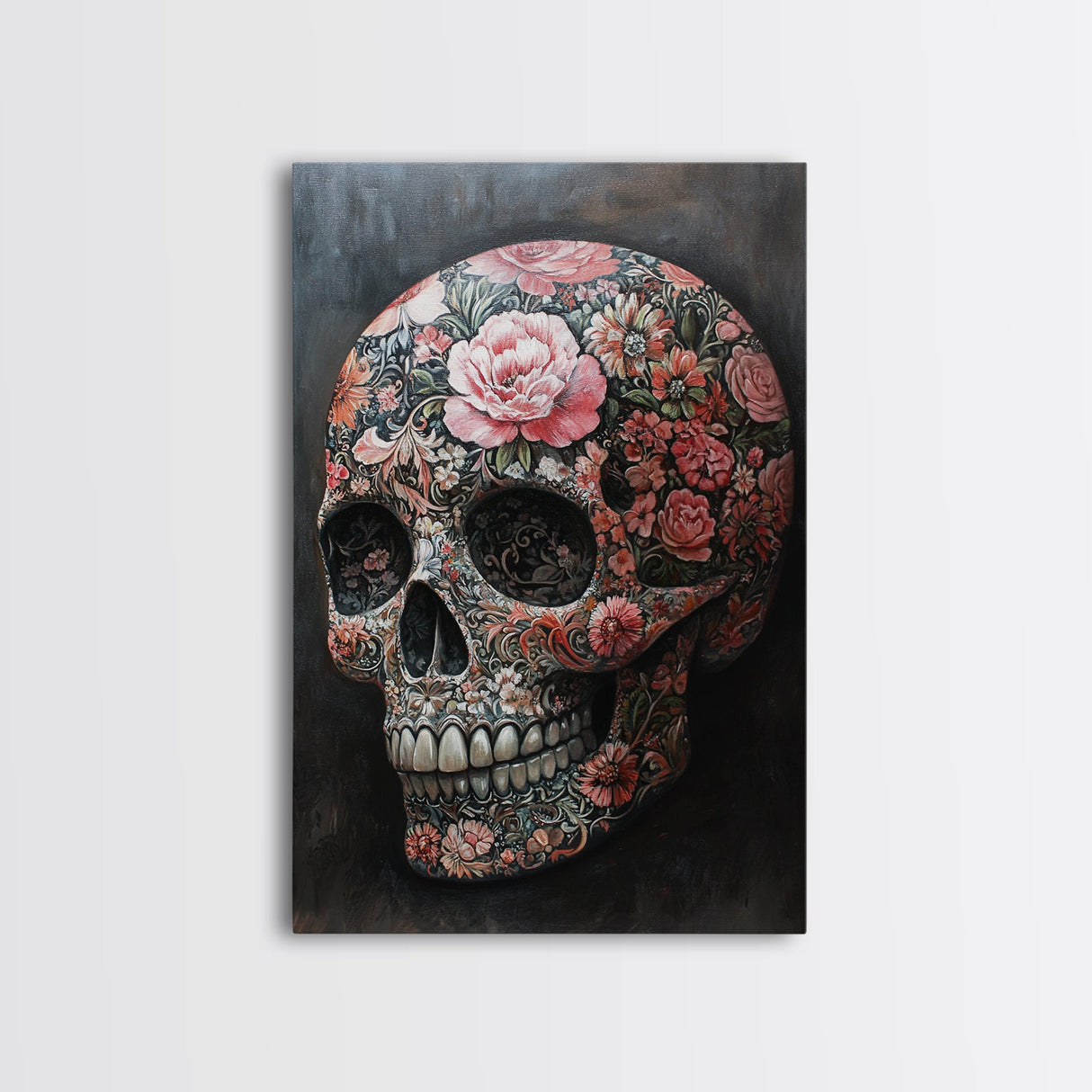 Skull Art Framed Canvas Print with Intricate Floral Patterns in Gothic Boho Style, Chinoiserie-Inspired Rustic Bedroom or Living Room Art