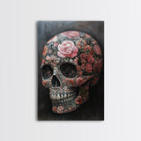 Skull Art Framed Canvas Print with Intricate Floral Patterns in Gothic Boho Style, Chinoiserie-Inspired Rustic Bedroom or Living Room Art