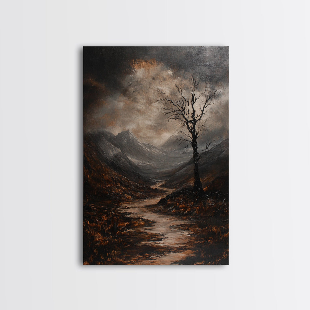 Mountain Painting Framed Canvas Print with Mystical Sunrise Over Autumn Forest Path, Rustic Landscape Art with Moody Coastal Vibes
