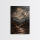 Mountain Painting Framed Canvas Print with Mystical Sunrise Over Autumn Forest Path, Rustic Landscape Art with Moody Coastal Vibes