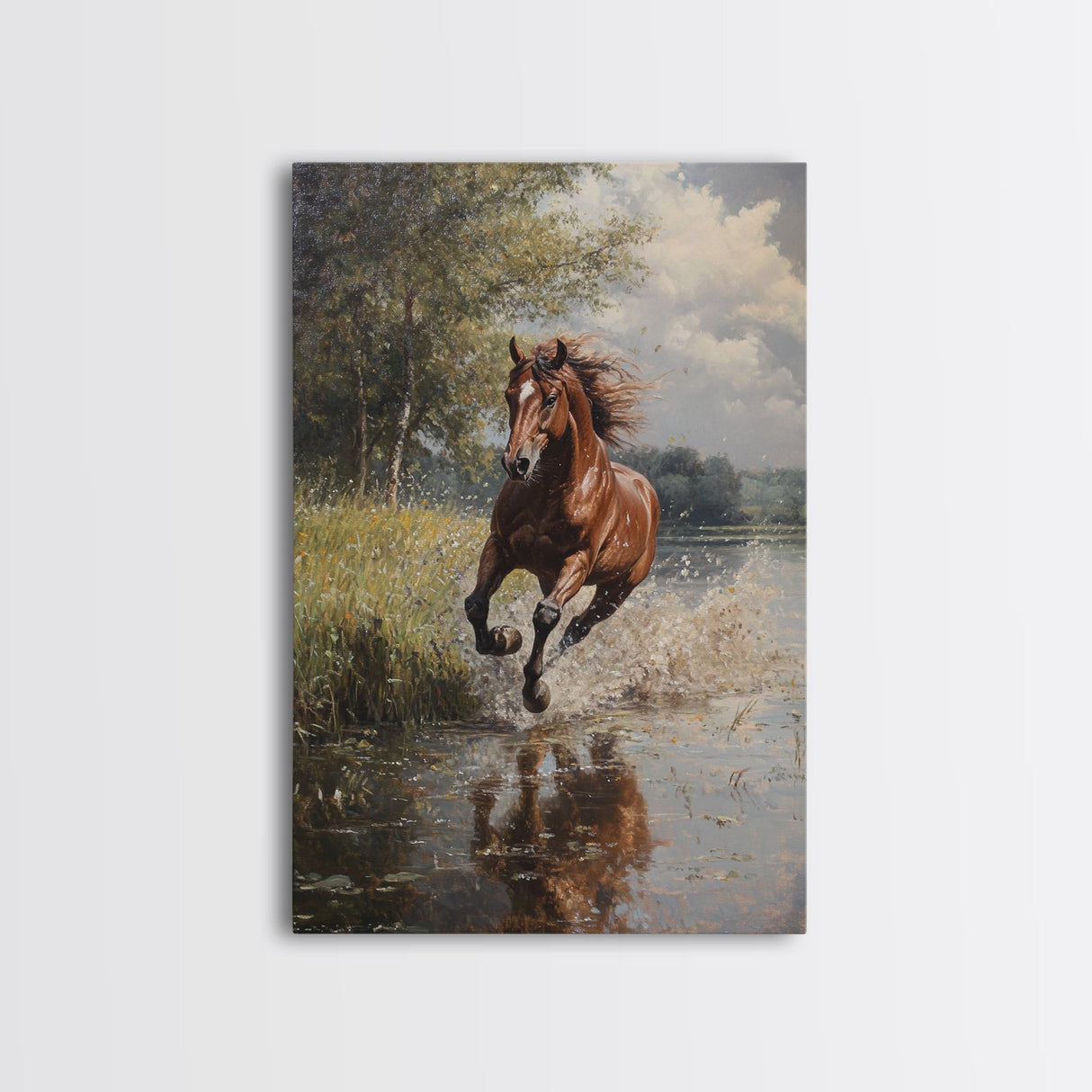 Splashed Stallion Crossing Water Framed Canvas Print Vintage Horse Art Rustic Wall Art Living Room Gift Idea Boho Style