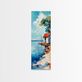 Lakeside Cabin, coastal landscape art, nautical decor, rustic art, beach house wall art, above bed wall art, Framed Canvas Print
