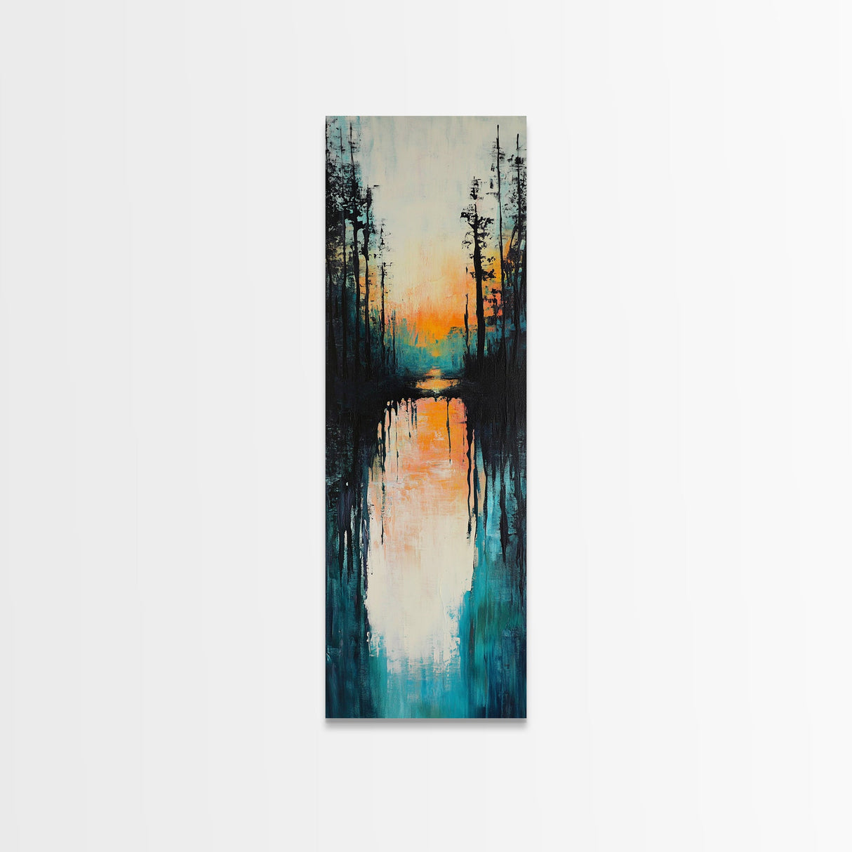 Sunset Reflection, coastal painting, pink orange wall art, lake Tahoe art farmhouse art, Framed Canvas Print, panoramic art