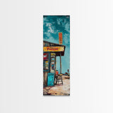 Rustic Gas Station, chicano art, guest check wall art, graffiti wall art, vintage folk art, Framed Canvas Print, tall skinny art
