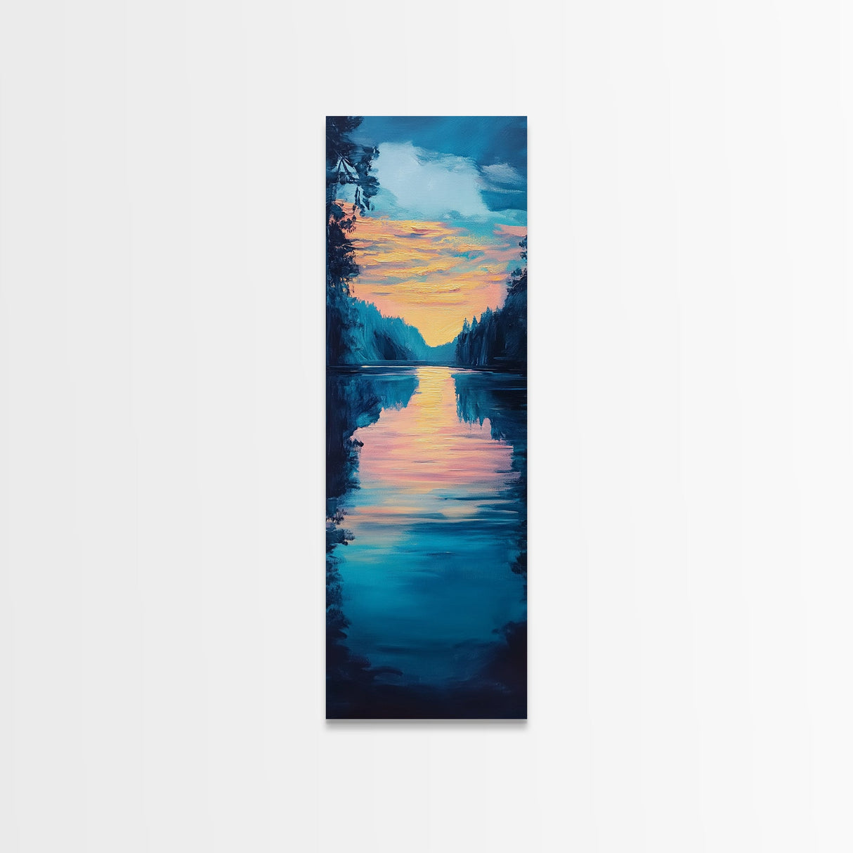 Sunset reflection, lake painting, landscape art, smoky mountain art, wabi sabi art, vertical wall art, framed canvas print, moody art