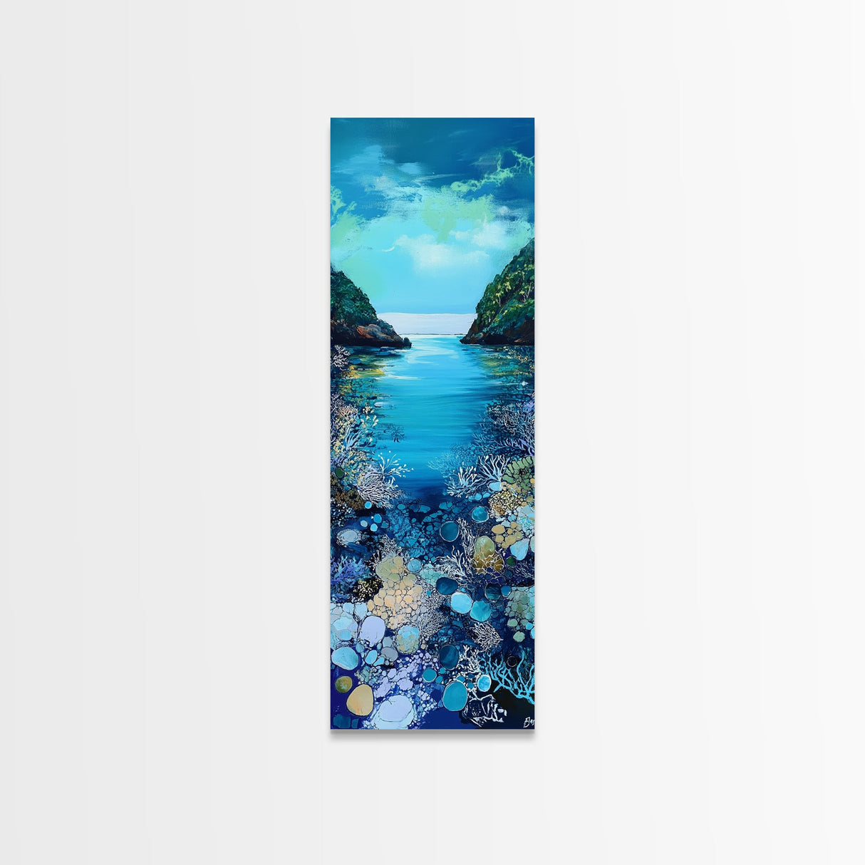 Underwater View, nautical painting, seascape painting, coral reef painting, blue and green wall art, Framed Canvas Print