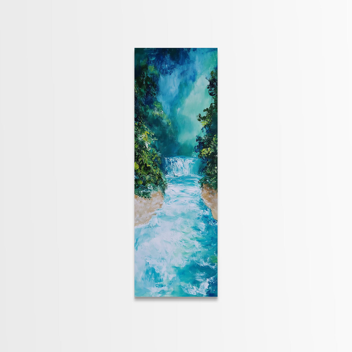 Waterfall Serenity, coastal landscape art, zen wall art, framed canvas print, wabi sabi art, tall narrow art, rustic decor