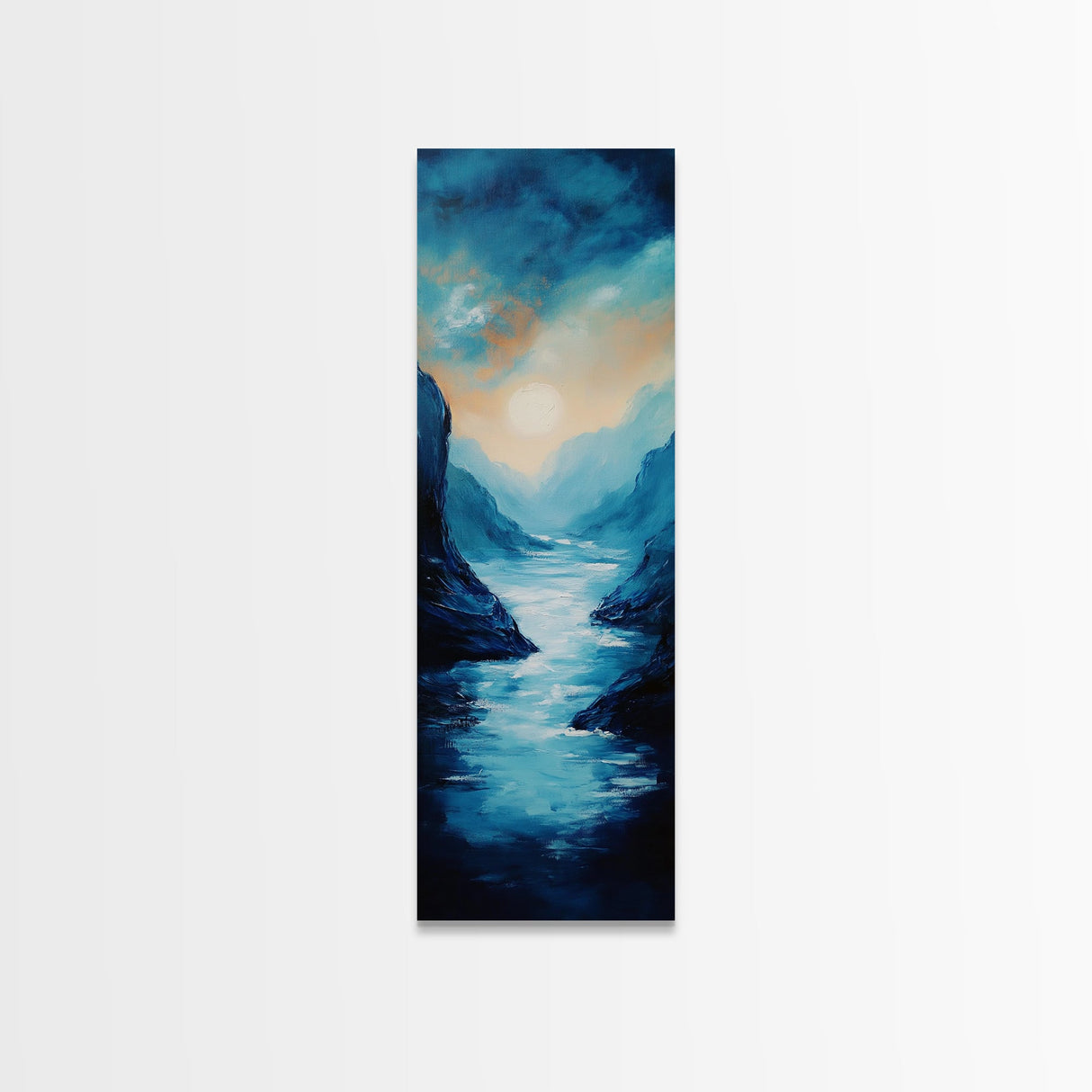 Moonlit Valley, moody art, blue and green wall art, framed canvas print, above couch art, original painting, landscape painting