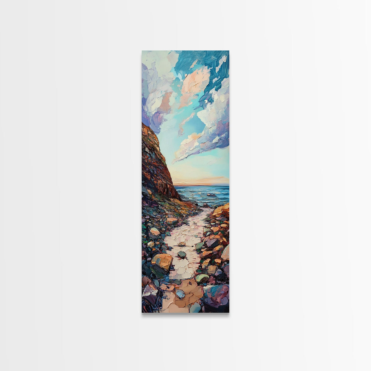 Rocky Coastline, Ocean Waves, Beach Path, Framed Canvas Print, coastal landscape art, farmhouse art, rustic décor