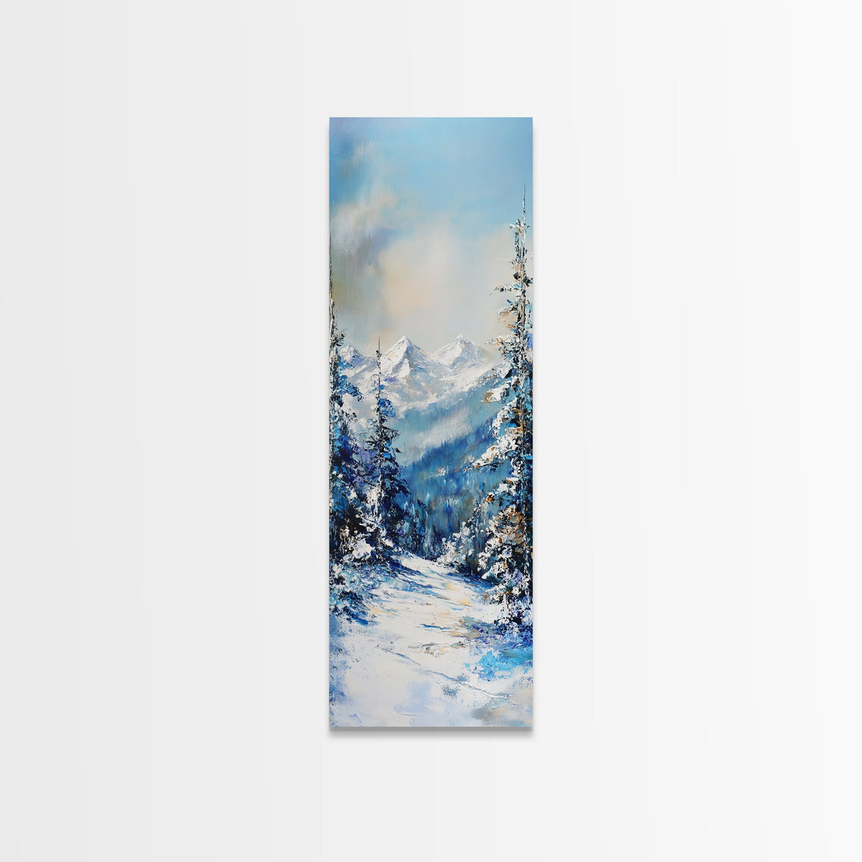 Snowy Mountain Path, winter landscape painting, mountain painting, pine tree art, rustic wall art, framed canvas print