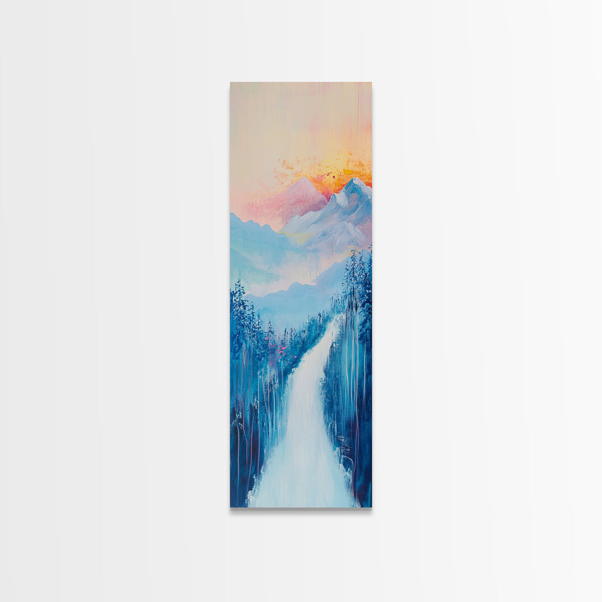 Sunset Over Mountains, pink orange wall art, mountain painting,  framed canvas print, extra wide art