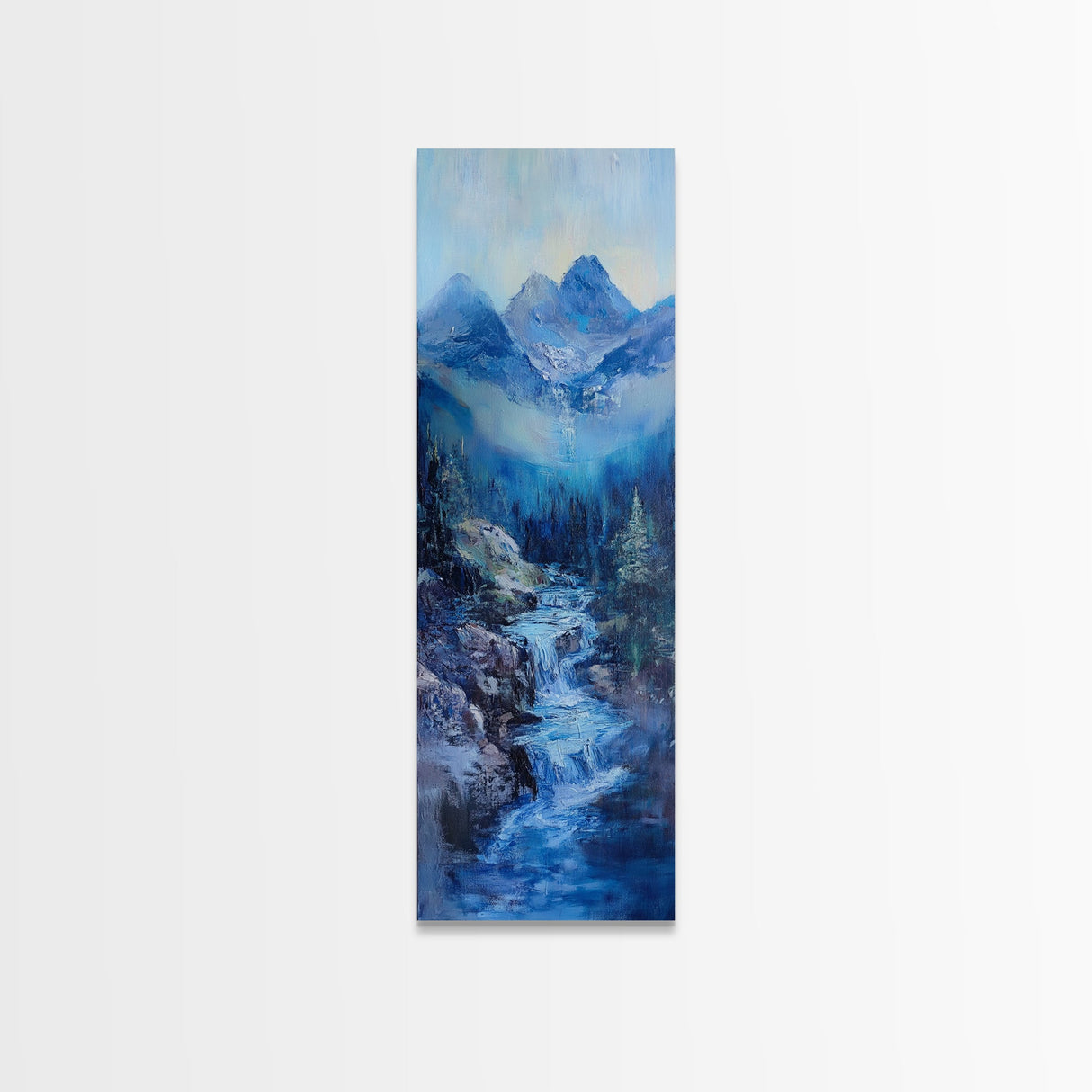 Waterfall Mountain, landscape painting, mountain painting, blue and green wall art, coastal decor, framed canvas print
