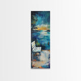Lakeside Bench, moody art, landscape painting, coastal wall art, rustic decor, farmhouse art, framed canvas print, vertical wall art