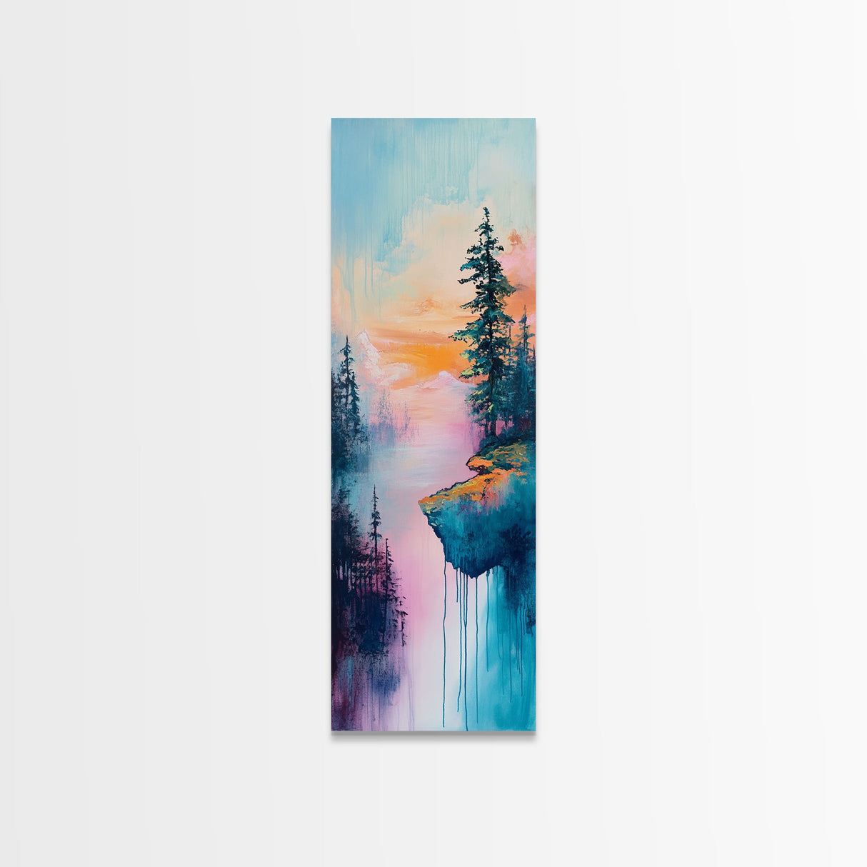 Dreamy Landscape, Pine Tree Art, Mountain Painting, Blue and Green Wall Art, Tall Skinny Art, Framed Canvas Print, Rustic Wall Art