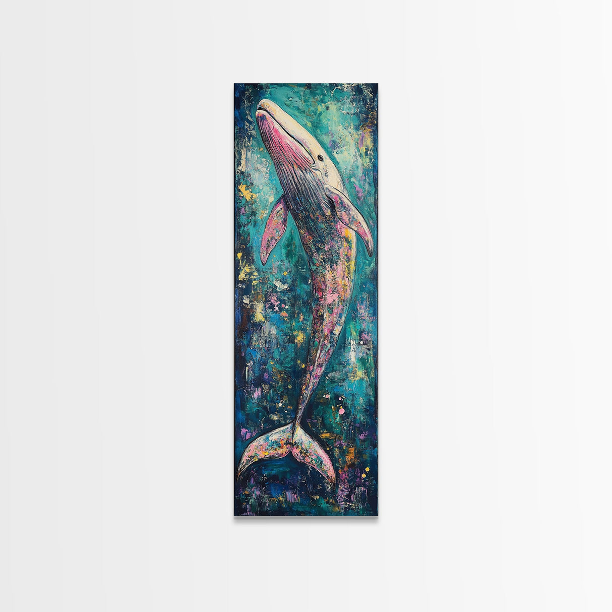 Vibrant Whale, Whale Painting, Coastal Decor, Nautical Wall Art, Blue and Green Wall Art, Skinny Wall Art, Framed Canvas Print