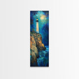Lighthouse Painting, Moon Oil Painting, Nautical Decor, Coastal Wall Art, Seascape Painting, Canvas Print, Tall Narrow Art, Gift Idea