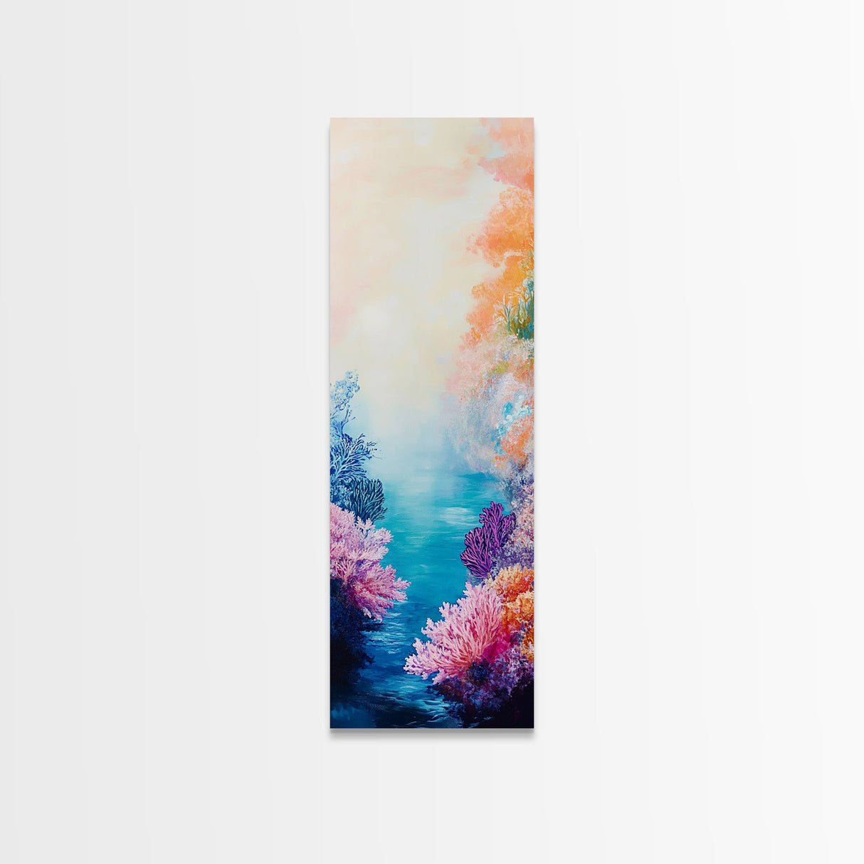 Coral Reef, dolphin painting, blue and green wall art, ocean painting, tropical decor, tall skinny art, coastal decor, canvas print