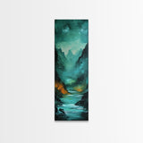Dark Moody Landscape, Mountain Painting, Forest at Dusk Painting, Framed Canvas Print, Rustic Wall Art, Vertical Wall Art