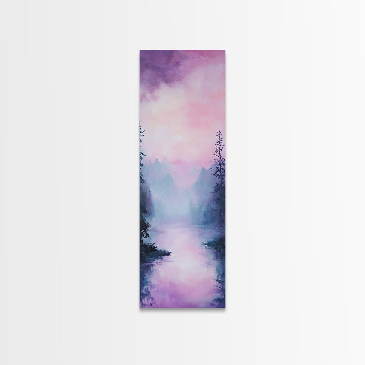Misty Mountains, smoky mountain art, light pink wall art, framed canvas print, soft pastel art, pine tree art, above couch art