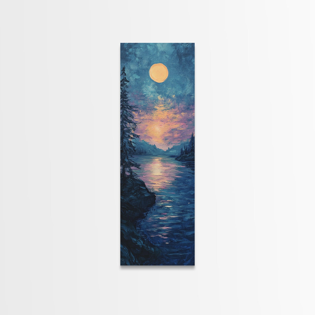 Moonlit Lake, moon oil painting, framed canvas print, landscape painting, lake Tahoe art, moody art, tall narrow art, rustic wall art