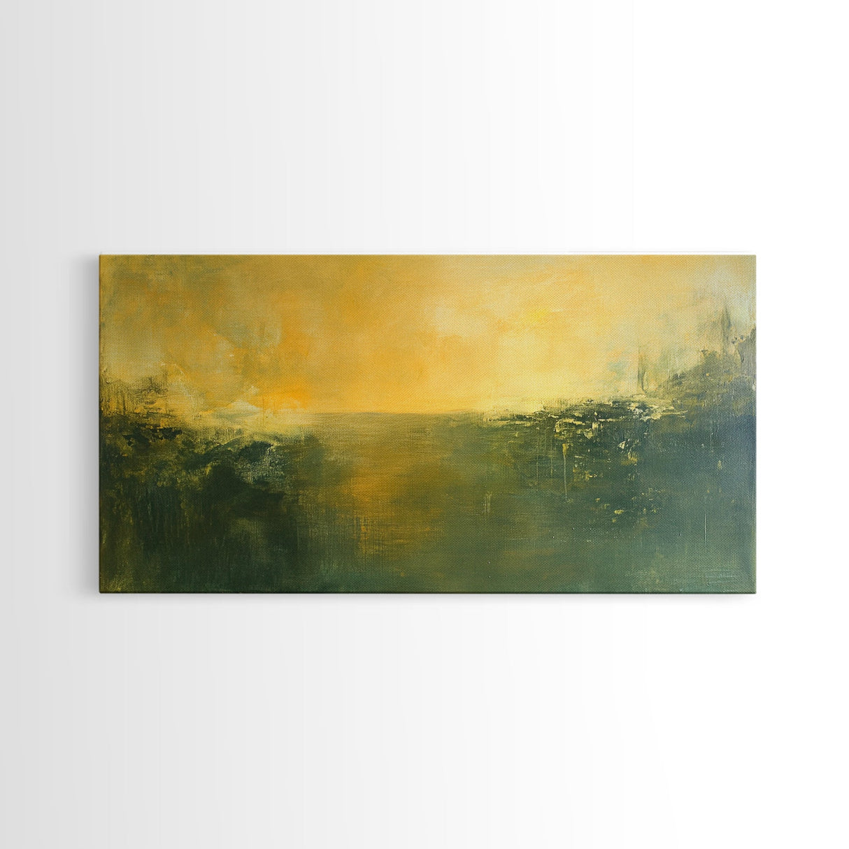 Abstract Landscape, Moody Art, Horizon Painting, Green Wall Art, Extra Wide Art, Panoramic Art, Framed Canvas Print, Living Room Art