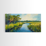 Marshland View, palm tree painting, tropical landscape, coastal decor, green wall art, rustic wall art, Framed Canvas Print