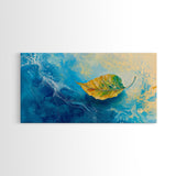 Leaf in Water, blue and green wall art, coastal decor, wabi sabi art, extra wide art, panoramic painting, Canvas Print, gift idea