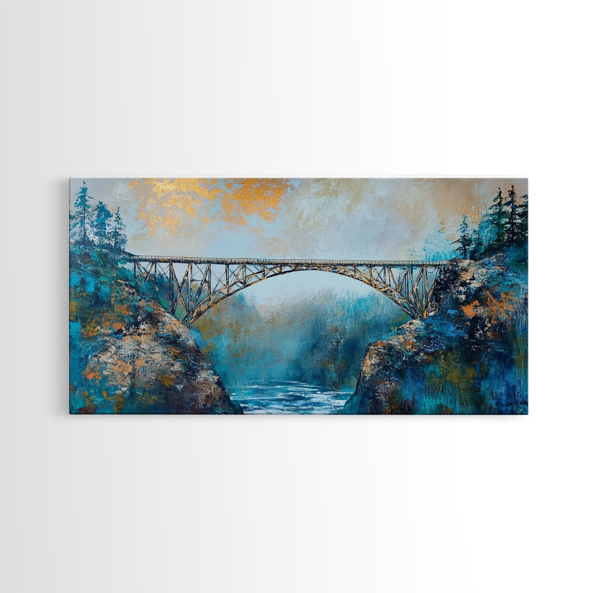 Steel Bridge, landscape painting, mountain painting, panoramic painting, framed canvas print, blue and green wall art