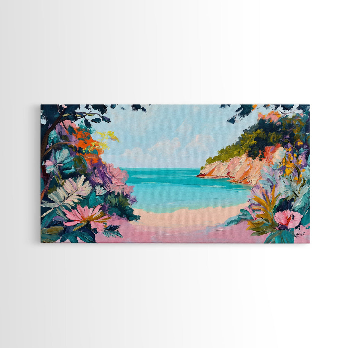 Tropical Beach, coastal wall art, Hawaii art, pink orange wall art, extra wide art, panoramic painting, framed canvas print