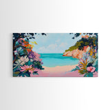 Tropical Beach, coastal wall art, Hawaii art, pink orange wall art, extra wide art, panoramic painting, framed canvas print