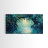 Mystical River, Framed Canvas Print, landscape painting, moody art, forest at dusk painting, teal wall art, extra wide art