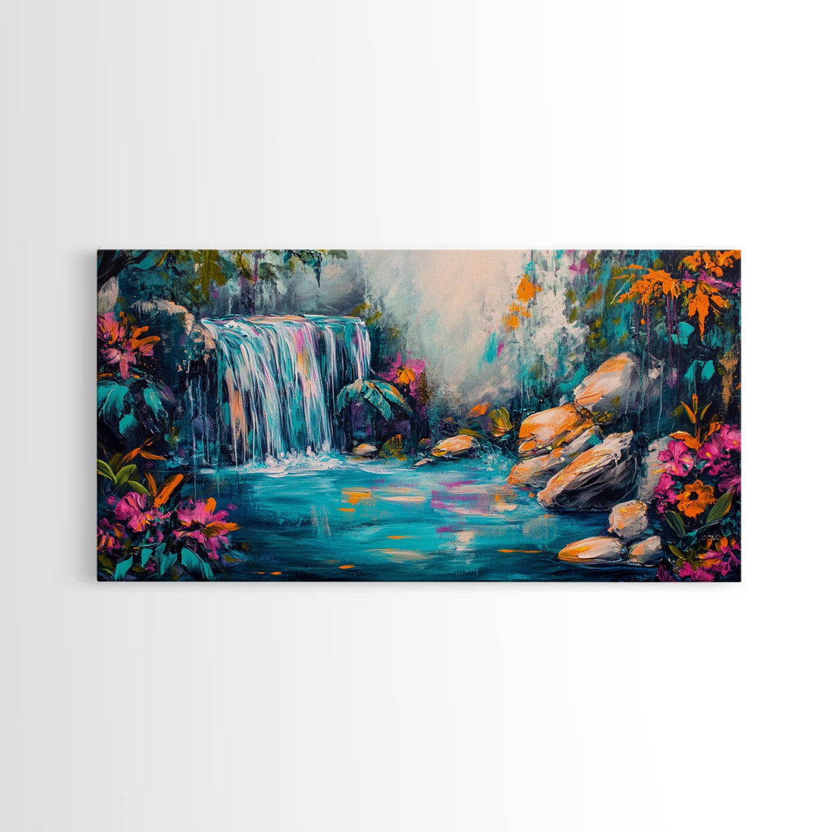 Vibrant Waterfall, Canvas Print, landscape painting, moody art, tropical art, teal wall art, extra wide art, rustic decor