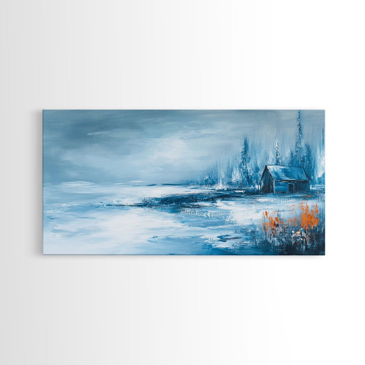 Winter Cabin, Framed Canvas Print, landscape painting, rustic decor, farmhouse art, moody art, above couch art, extra wide art