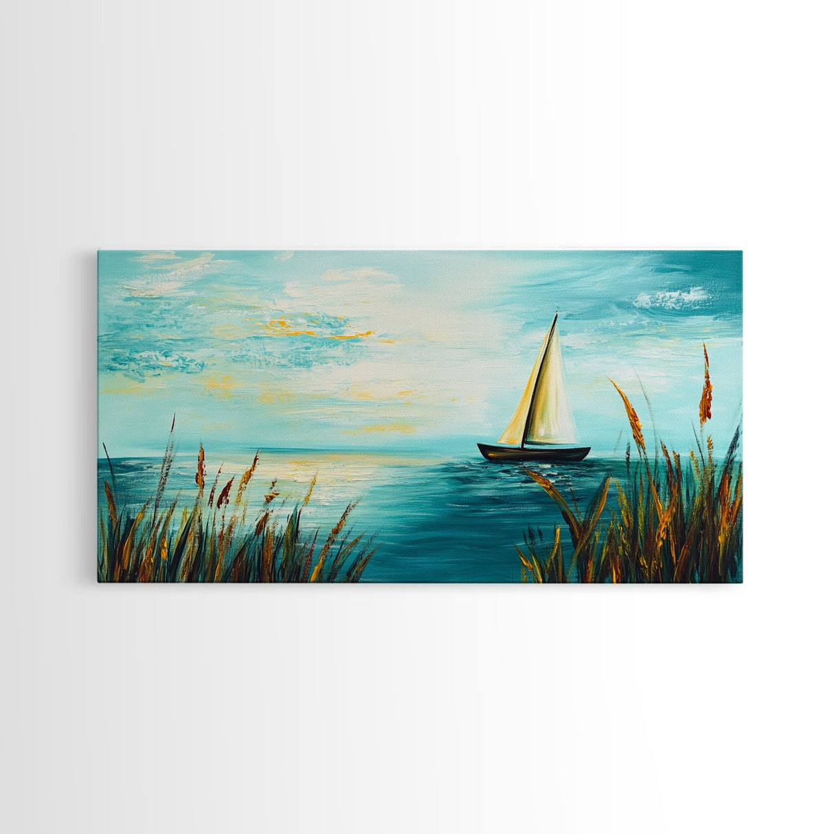 Serene Sailboat, Canvas Print, sailboat painting, coastal painting, nautical wall art, blue and green wall art, extra wide art