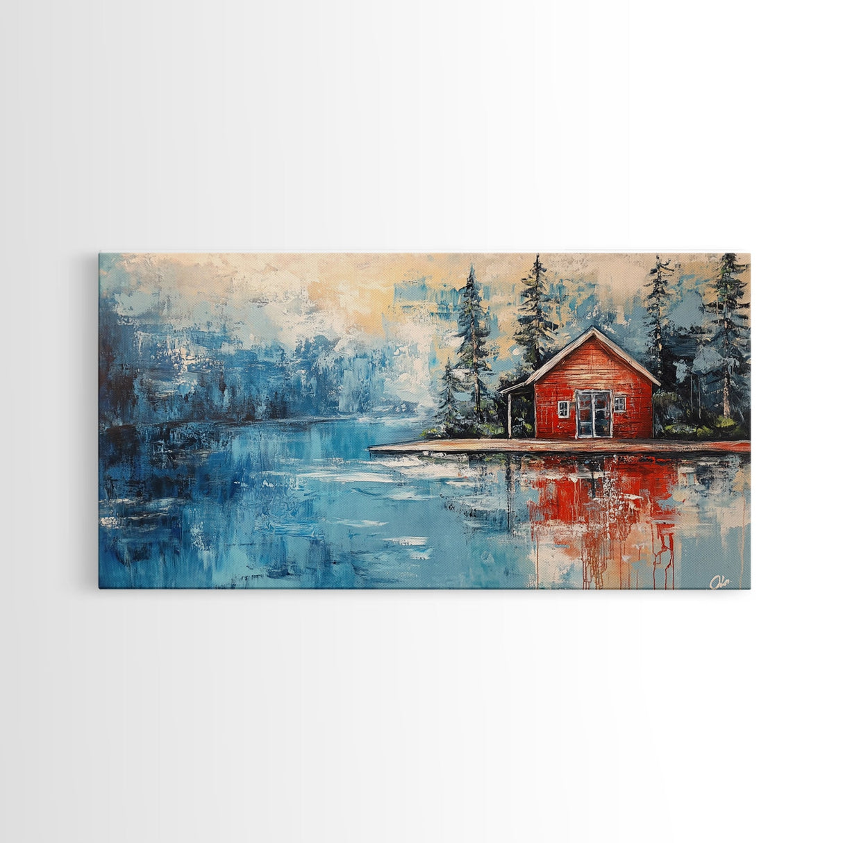Red Cabin Painting, Lake Tahoe Art, Rustic Wall Art, Barn Landscape Oil Painting, Framed Canvas Print, Above Couch Art, Bedroom Art