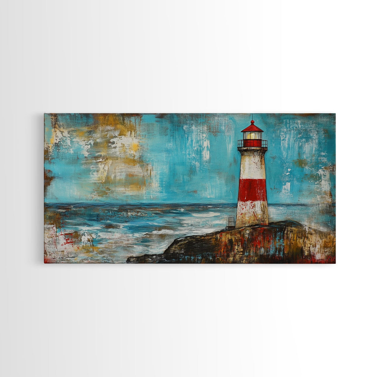 Red Lighthouse, nautical painting, coastal wall art, beach house decor, ocean painting, framed canvas print, above couch art