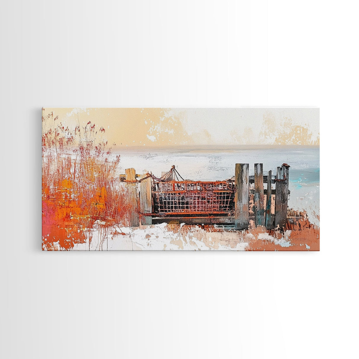 Rustic Dock, coastal decor, rustic art, farmhouse art, seascape painting, nautical painting, framed canvas print, extra wide art