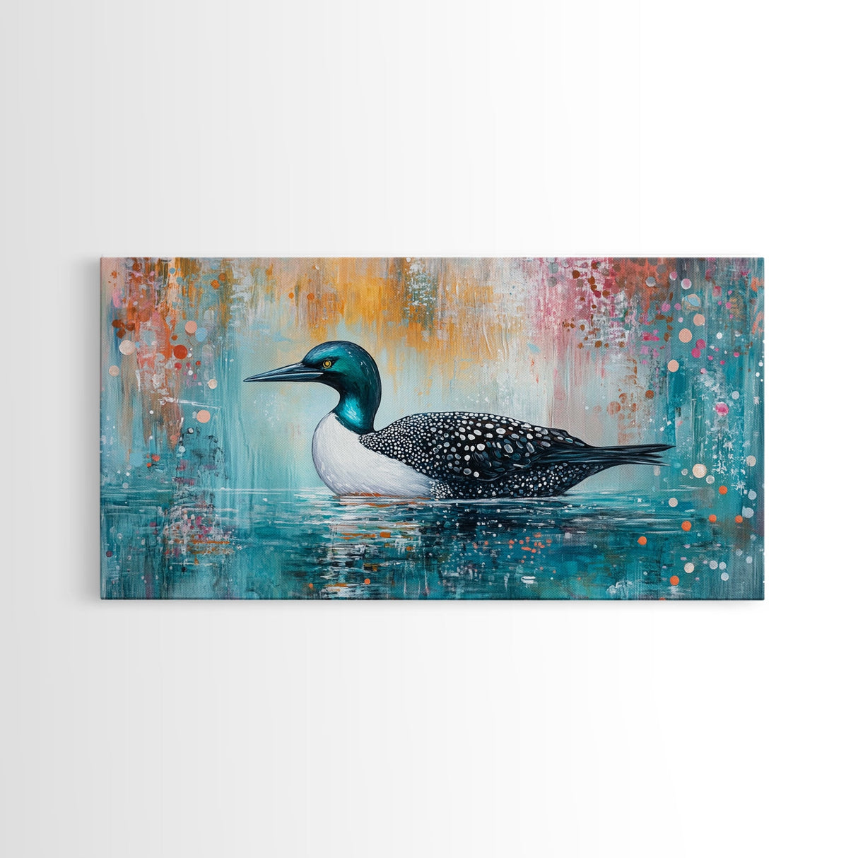 Loon Swimming Art, bird art, teal wall art, nature painting, lake decor, moody art, framed canvas print, rustic wall art