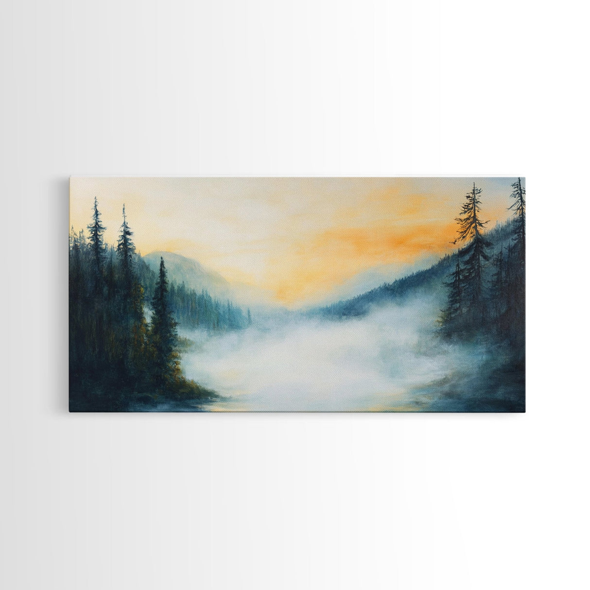 Foggy Pines, smoky mountain art, framed canvas print, forest at dusk painting, pine tree art, above bed wall art, rustic decor