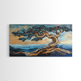 Twisted Tree, Oak Tree Art, Canvas Print, Coastal Landscape Art, Nature Painting, Rustic Wall Art, Blue And Green Wall Art