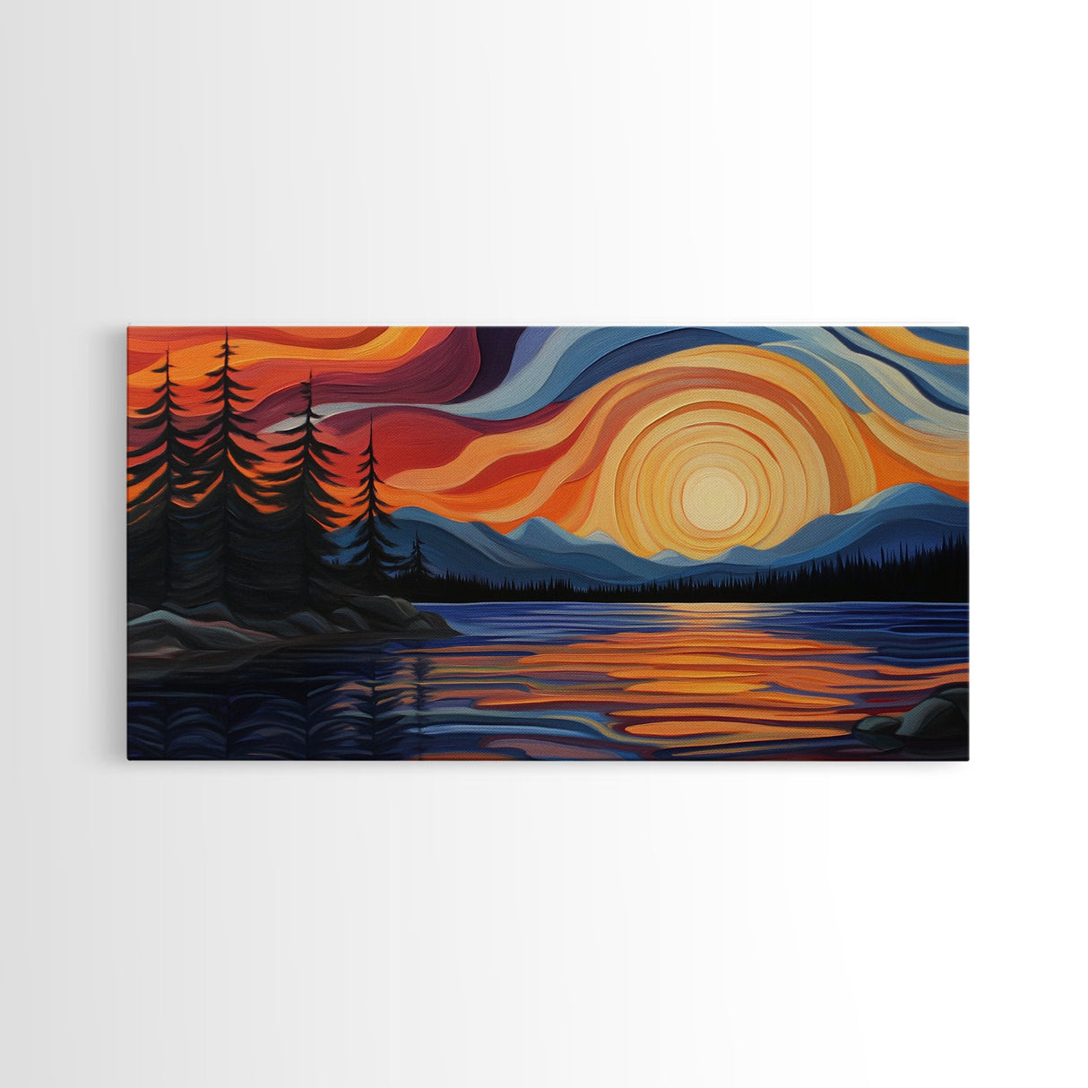 Sunset Lake, Mountain Painting, Framed Canvas Print, Pine Tree Art, Pink Orange Wall Art, Rustic Art, Landscape Painting