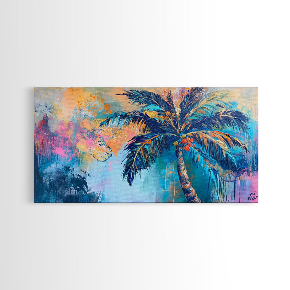 Palm tree painting, coastal wall art, framed canvas print, tropical art, boho art, surf wall art, extra wide art, vibrant wall decor