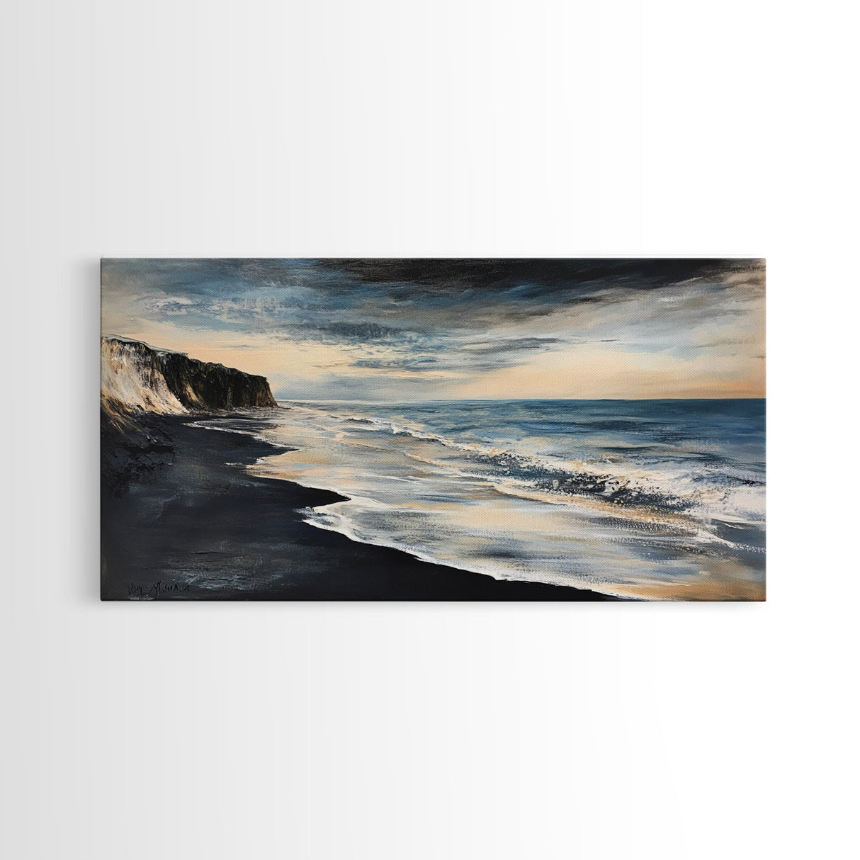 Moody beach, dark ocean, seascape painting, panoramic art, extra wide art, nautical painting, framed canvas print, above sofa art