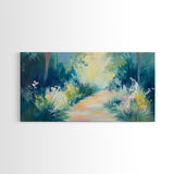 Serene Woodland Trail, wildflower painting, botanical prints, landscape painting, rustic decor, extra wide art, Framed Canvas Print