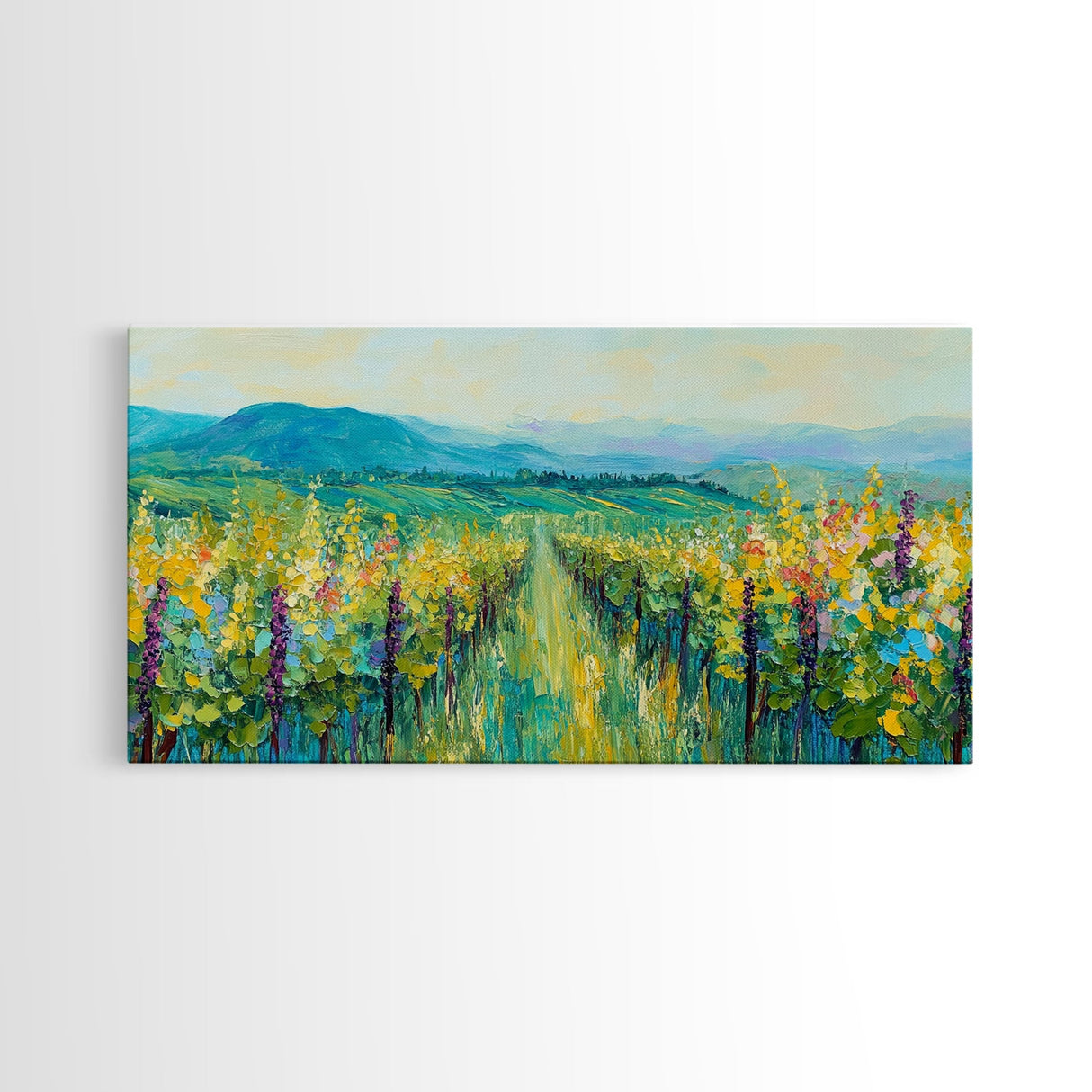 Vineyard Landscape, impressionist painting, framed canvas print, green wall art, farmhouse art, rustic decor, above bed wall art