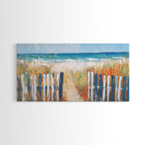 Beach Fence, coastal painting, framed canvas print, nautical decor, seascape painting, blue and green wall art, extra wide art