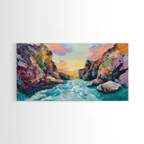 Coastal Canyon Sunset, panoramic painting, extra wide art, framed canvas print, seascape painting, southwest wall art