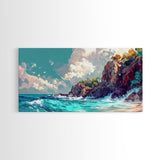 Rocky Cliff Beach, coastal landscape art, framed canvas print, seascape painting, nautical decor, extra wide art, above couch art